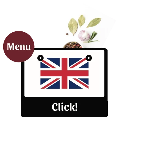 Ein digitaler Menübildschirm mit britischer Flagge und der Aufforderung "Click!" darunter. Oben sind Kräuter, Pfefferkörner und Gewürze; auf der linken Seite ein rot-brauner Button mit "Menu".