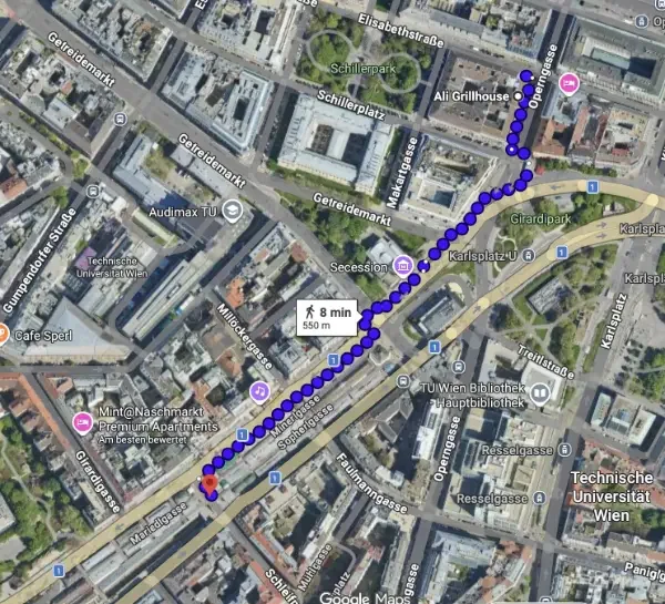 Satellitenkarte mit einer Route vom türkischen Restaurant Ali Grillhouse, hin zum Naschmarkt in Wien