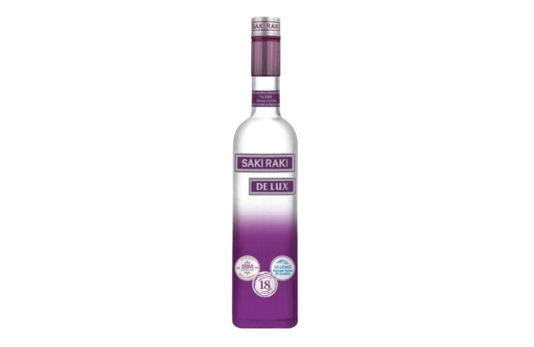 Bodenabgebildete Flasche von Saki Raki De Lux mit grau-lila Design