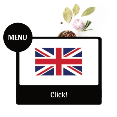 Ein Menübildschirm mit der britischen Flagge in der Mitte, umgeben von Gewürzen und Kräutern und der Möglichkeit zur einen Klick auf die Englische Speisekarte zu gelangen.