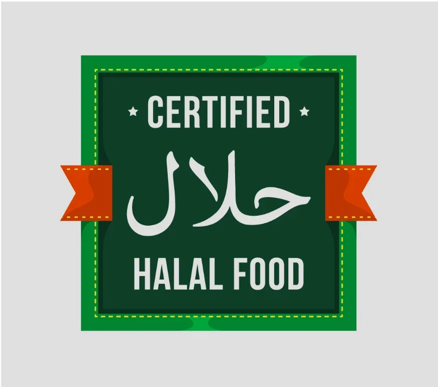 Menschen lachen und haben Spaß, mit einem Halal-Gütesiegel in der Mitte