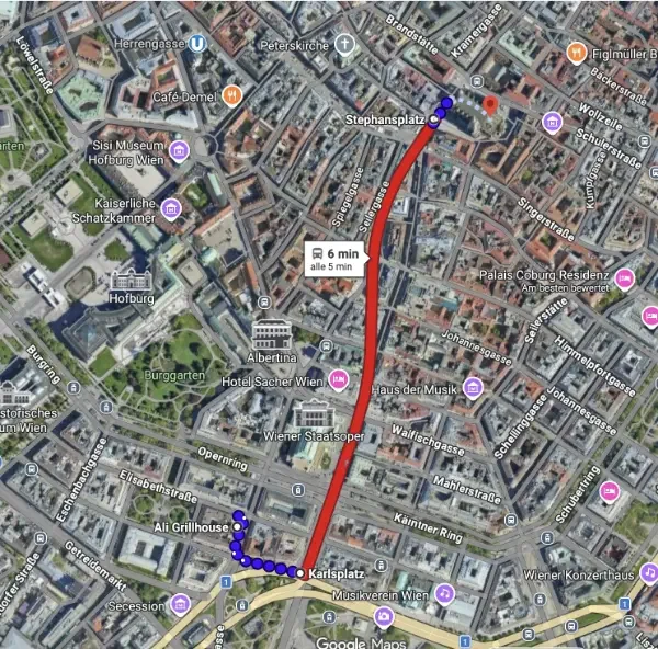 Karte mit einer Route vom türkischen Restaurant Ali Grillhouse, über die Kärntnerstraße, hin zum Stephansplatz in Wien, Österreich.