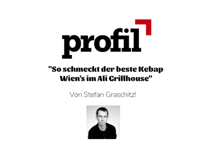 Nachtaufnahme des eleganten Restaurants Ali Grillhouse in der Operngasse 14 in 1010 Wien. Mit großen Fenstern und Innenbeleuchtung, davor stehendes Auto, Straßenbeleuchtung und Lichtspuren von vorbeifahrenden Fahrzeugen.