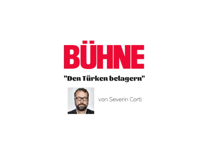 Buch cover mit dem Titel 'BÜHNE' und dem Untertitel 'Den Türken belagern' von Severin Corti, mit einem Bild des Autors oben links.