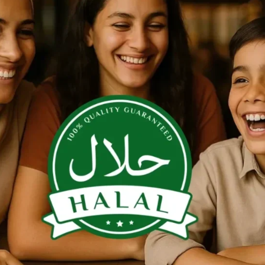 Menschen lachen und haben Spaß, mit einem Halal-Gütesiegel in der Mitte