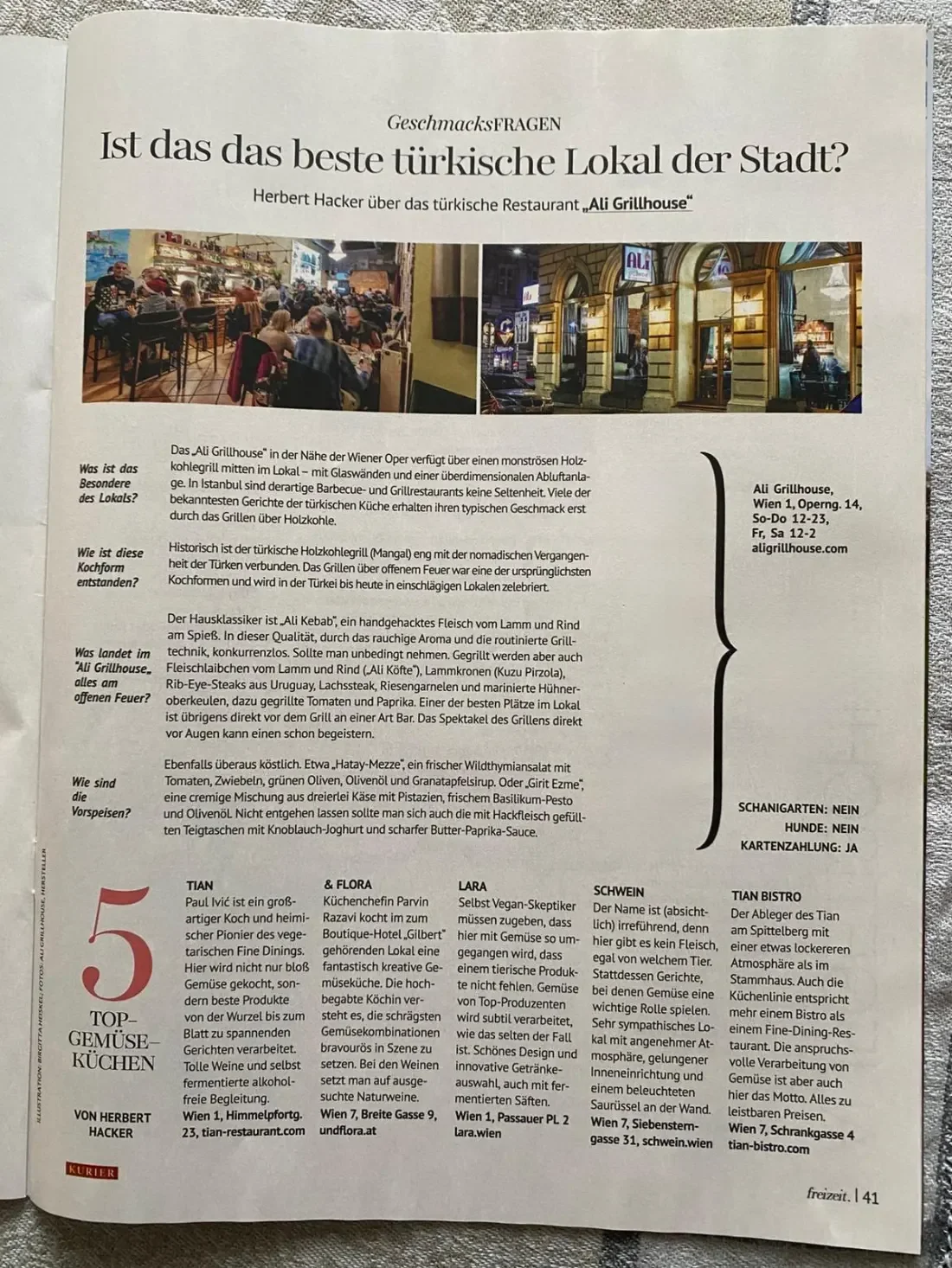 Artikel über das türkische Lokal »Ali Grillhouse« in Wien mit Fotos des Restaurants, Adresse, Öffnungszeiten, Menübeschreibungen und Bewertungen.