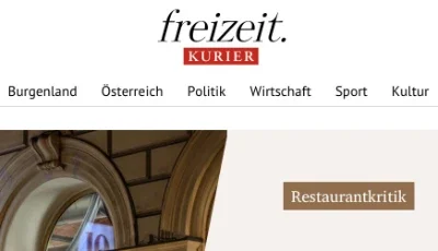 Screenshot einer Nachrichtenwebseite namens 'freizeit.kurier' mit Kategorien wie Burgenland, Österreich, Politik, Wirtschaft, Sport und Kultur, sowie einem Artikel über Restaurantkritik.