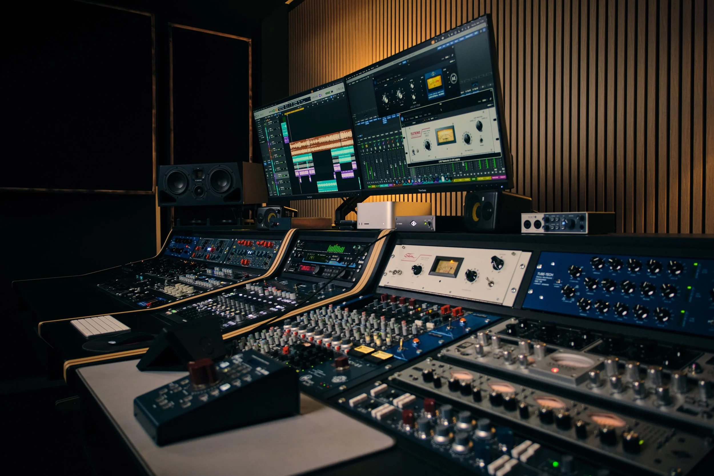 Music production studio with industry standard audio equipments.