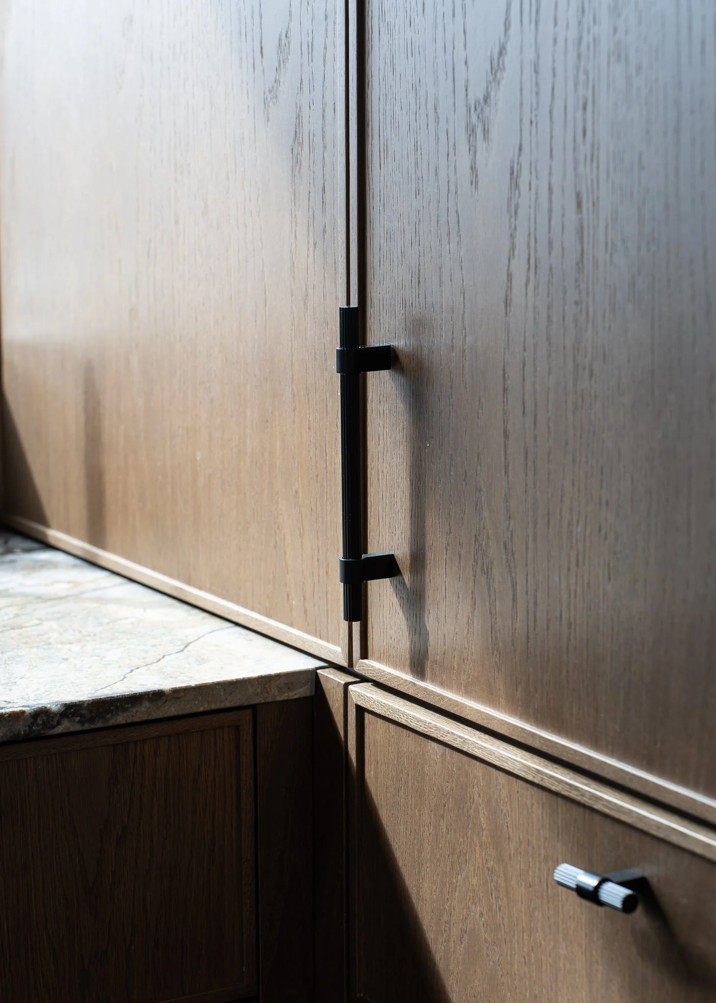 Close-up of a wooden cabinet door with black hinges and a metallic handle.