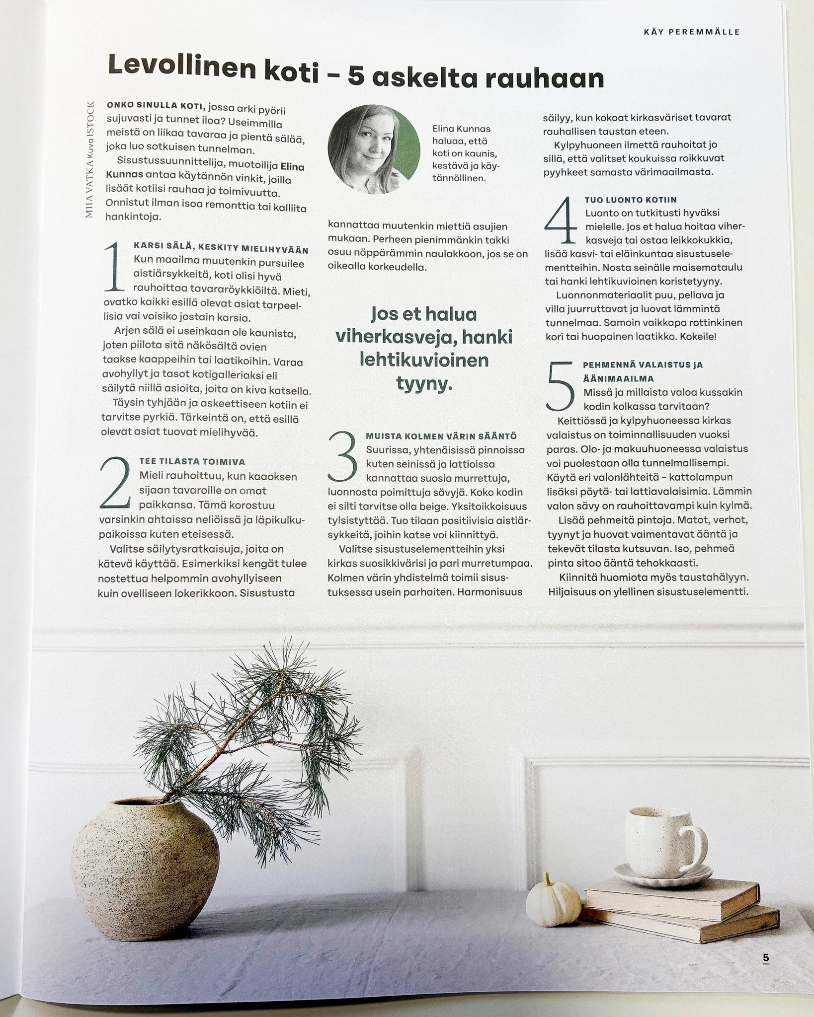 Sain kunnian p&auml;&auml;st&auml; mukaan juuri ilmestyneeseen @asuntosaatio Kotimaisema-lehteen, jossa esittelen k&auml;yt&auml;nn&ouml;n vinkeill&auml;, kuinka kodista tehd&auml;&auml;n levollinen palautumisen paikka, jossa arki sujuu.

Levollinen 