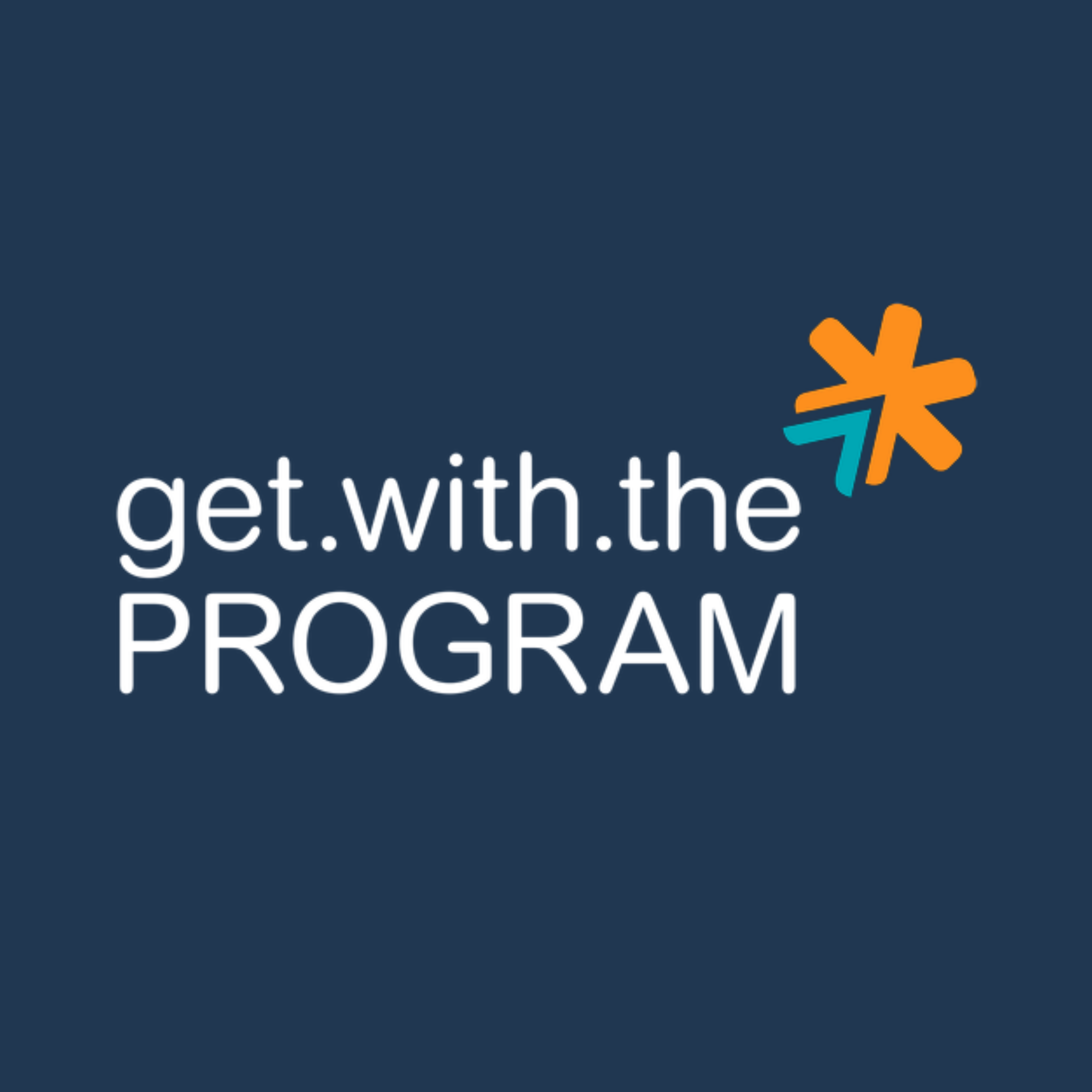 Part of a graphic with a dark blue background and a stylized orange asterisk-like shape with turquoise accents. The text on the image says 'get with the program'.