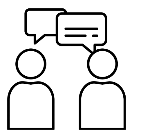 Zwei stilisierte Figuren mit Sprechblasen, die ein Gespräch darstellen.