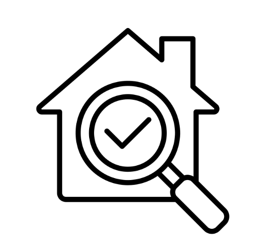 Ikon eines Hauses mit einem vergrößerten Häkchen in der Mitte, das Sicherheit oder Bestätigung darstellt.