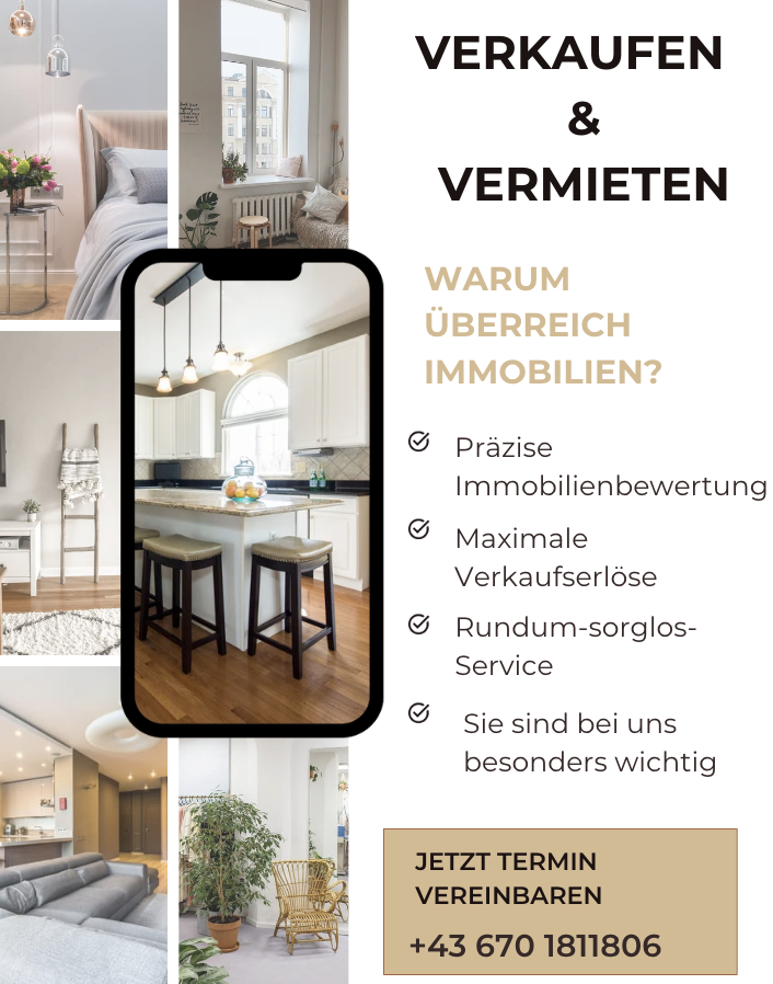 Poster mit Immobilienangeboten in Deutsch, zeigt verschiedene Zimmerbilder einschließlich Küche und Wohnzimmer, Text "VERKAUFEN & VERMIETEN" und Details zu Servicevorteilen wie schnelle Bewertung und Verkauf. Kontaktnummer unten für Terminvereinbarung.