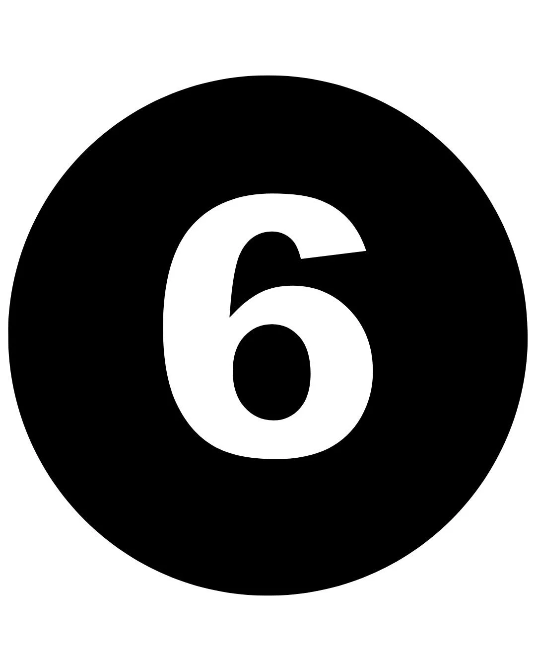 Weiße Zahl 6 auf einem schwarzen Kreis.