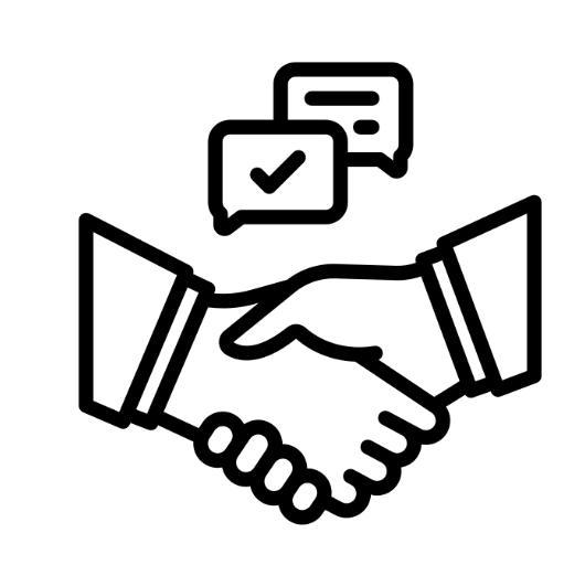 Schwarz-Weiß-Illustration eines Handschlags mit Sprechblasen über den Händen. Eine Blase zeigt ein Häkchen und die andere Textzeilen.