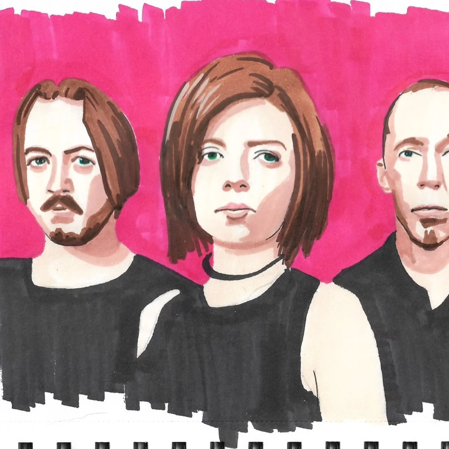 A marker doodle of the band Garbage.
Butch Vig, Shirley Manson, Duke Erikson, Steve Marker
