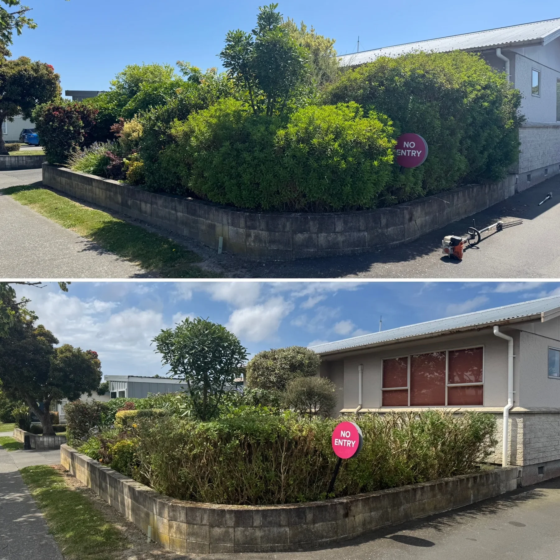 Before and after hedge trimming at a commercial property, showing overgrown hedges cut back and tidied