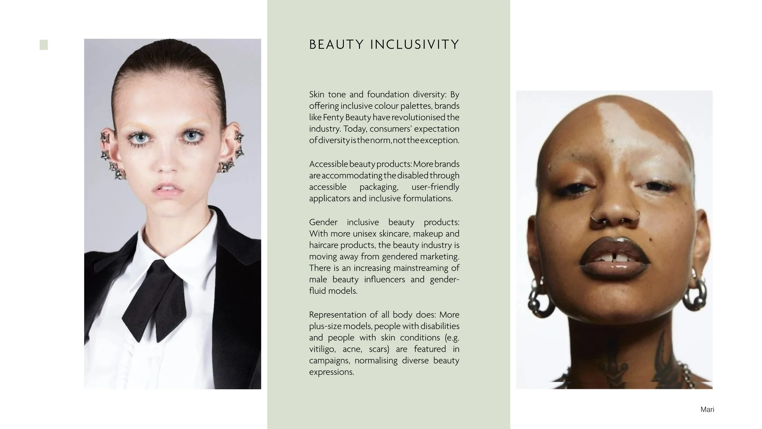 Two portraits of diverse women side by side; the left woman has pale skin, platinum blonde hair slicked back, and wears a black jacket with a white shirt and black tie, surrounded by multiple ear piercings with star-shaped earrings. The right woman h