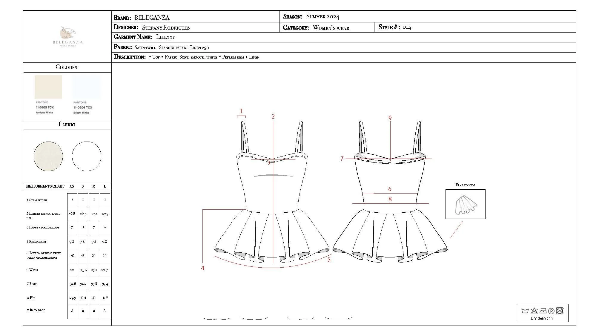 Technical drawing of a women's dress with measurements and fabric details, including front and back views, a floral embellishment, and laundry symbols.