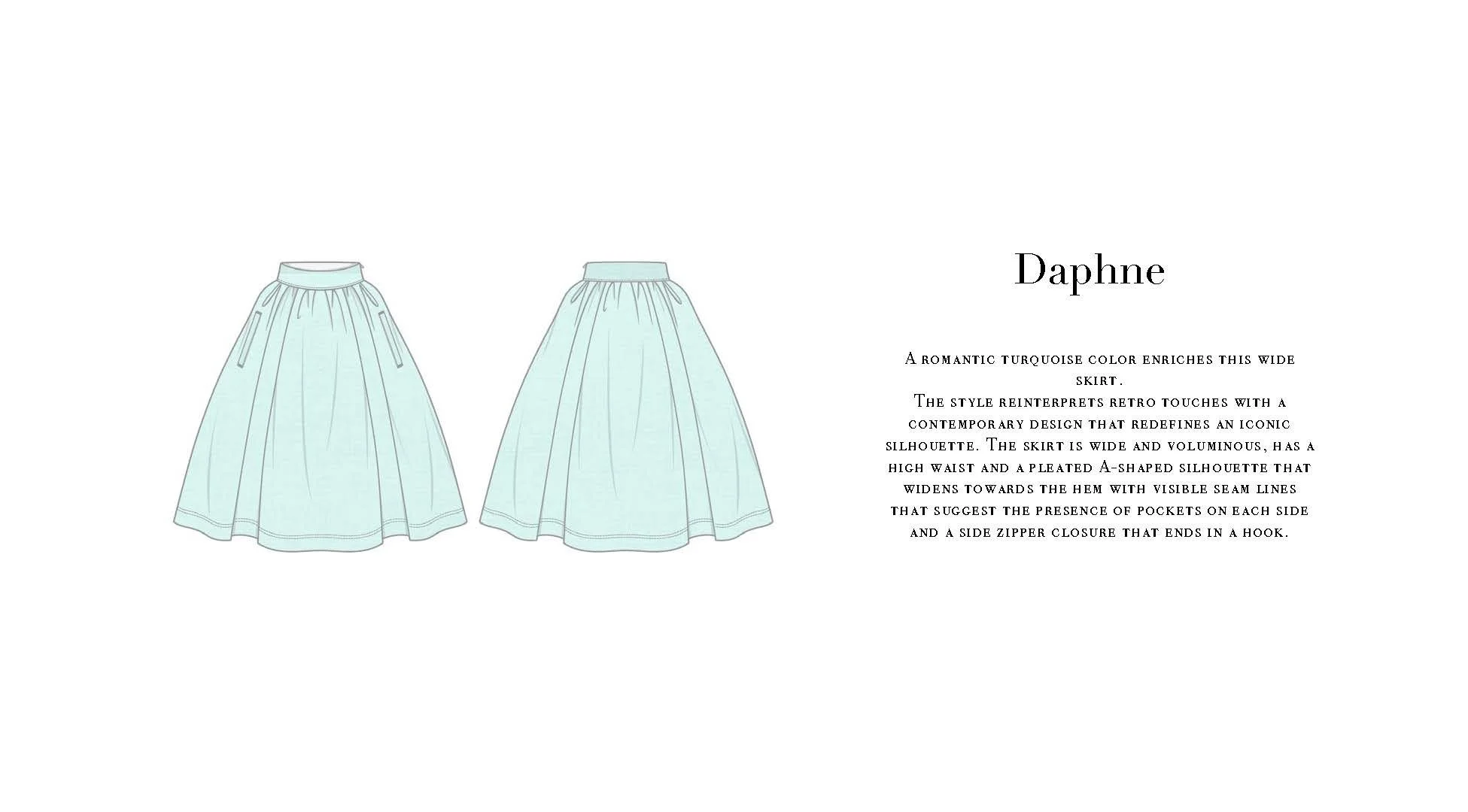 Sketch of a wide turquoise skirt with pleats and a high waist, accompanied by descriptive text about the skirt's style and design.