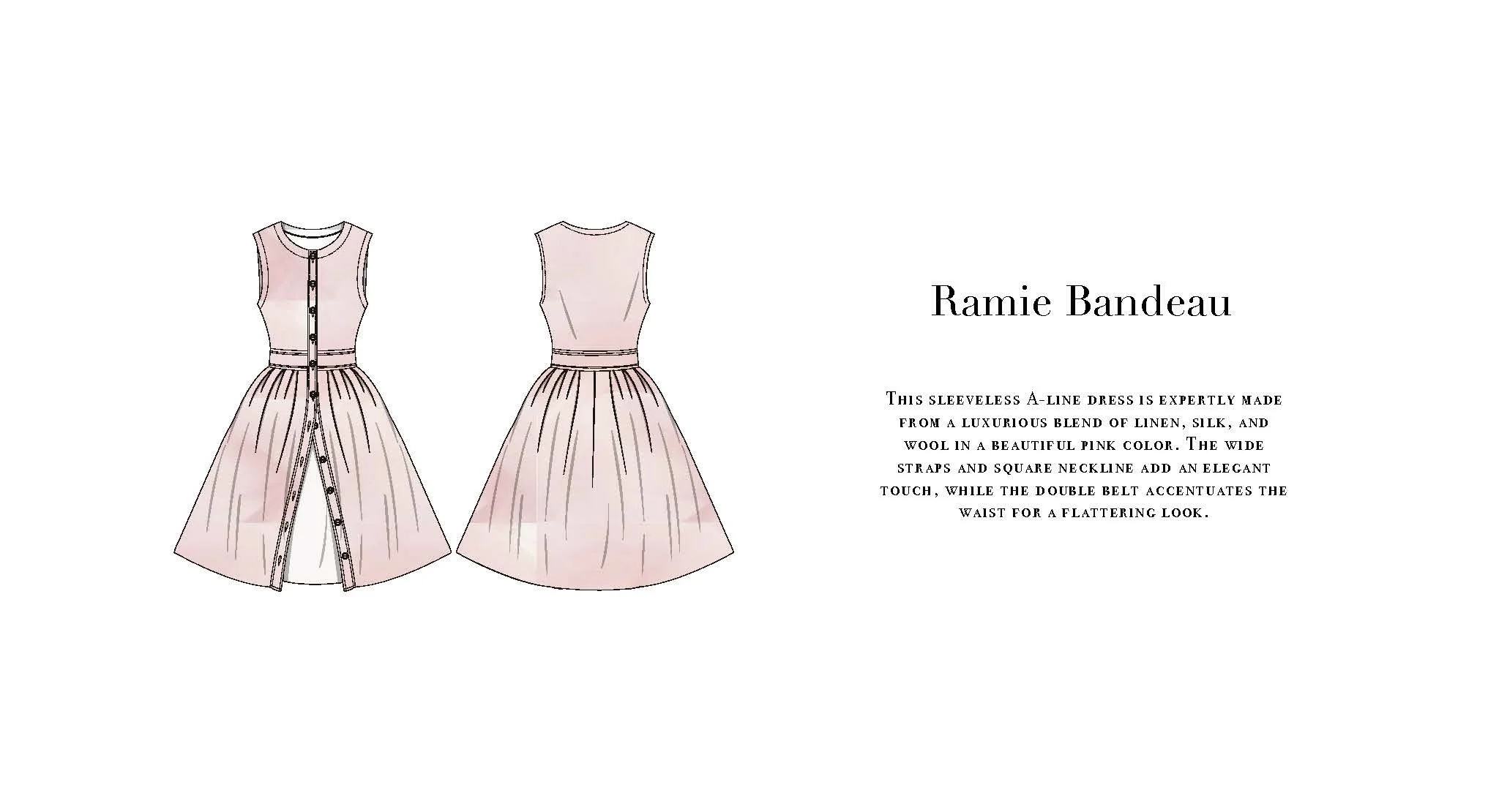 Drawing of a pink sleeveless A-line dress with a front button closure and a square neckline, shown from both front and back views, with descriptive text about the dress's material and design elements.