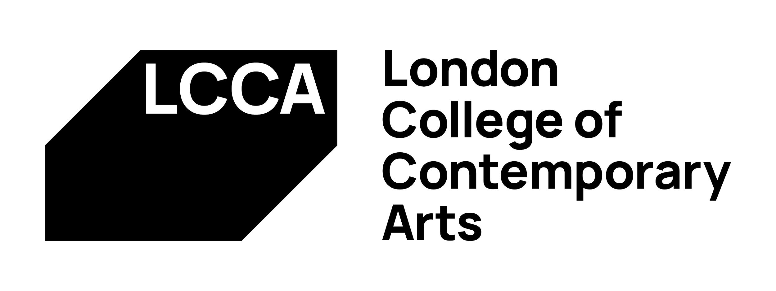 Logo of the London College of Contemporary Arts featuring the initials LCCA in a hexagon shape and the full name of the college beside it.