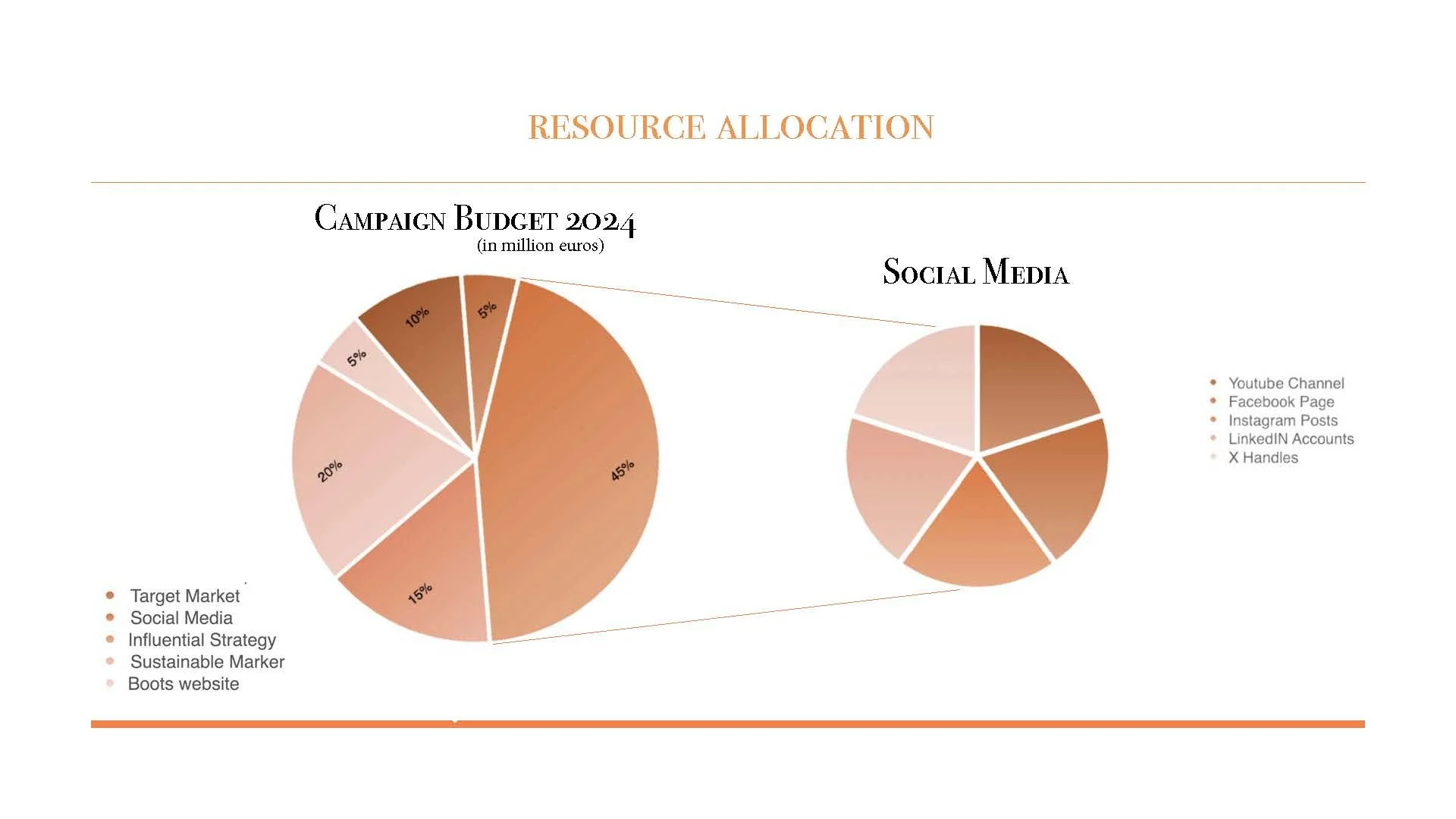 Pie charts showing resource allocation for a campaign budget in 2024, with a larger pie for campaign distribution and a smaller one for social media. The larger pie segments include target market, social media, influential strategy, sustainable marke