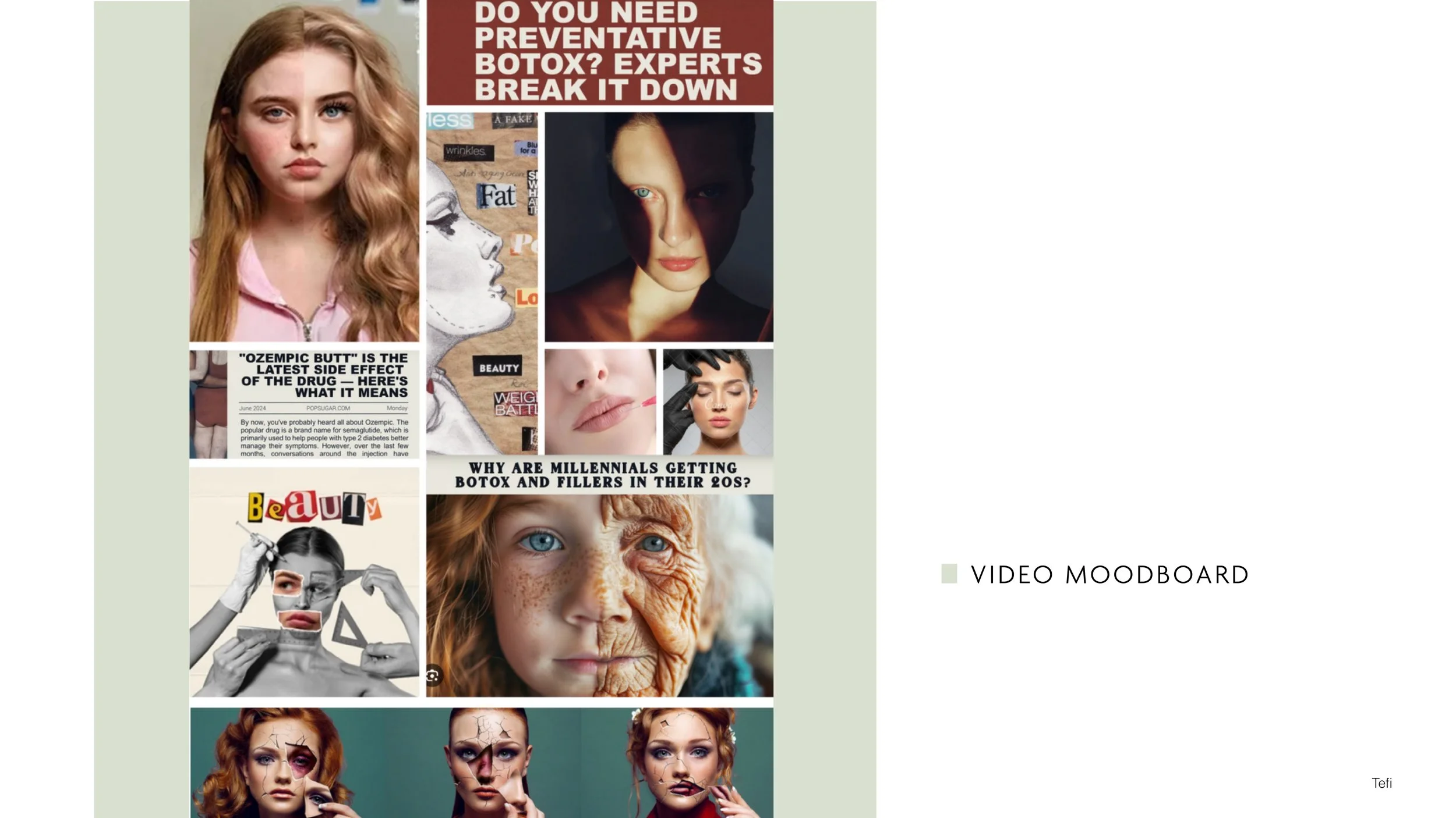 Collage of images and headlines about beauty, Botox, fillers, aging, and cosmetics, including photos of women with different facial expressions, makeup application, and age differences.