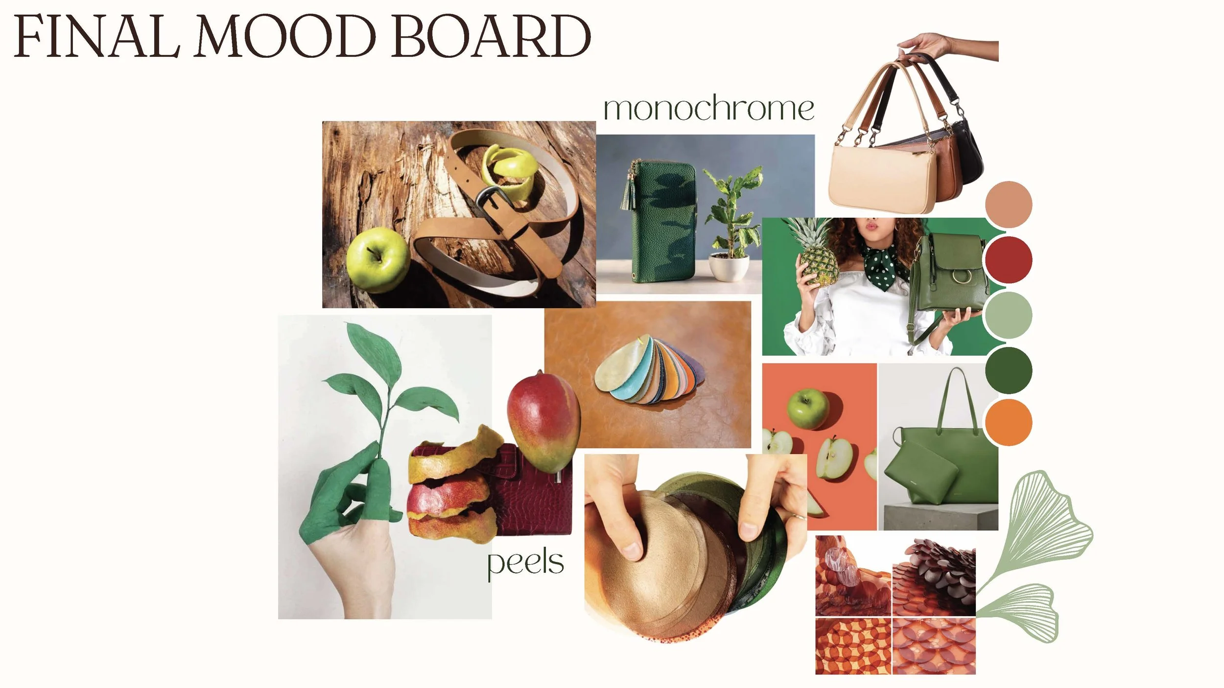 Collage titled 'Final Mood Board' featuring fashion accessories, color swatches, and images of apples, pineapples, and plant leaves. Colors include beige, red, green, dark green, and orange.
