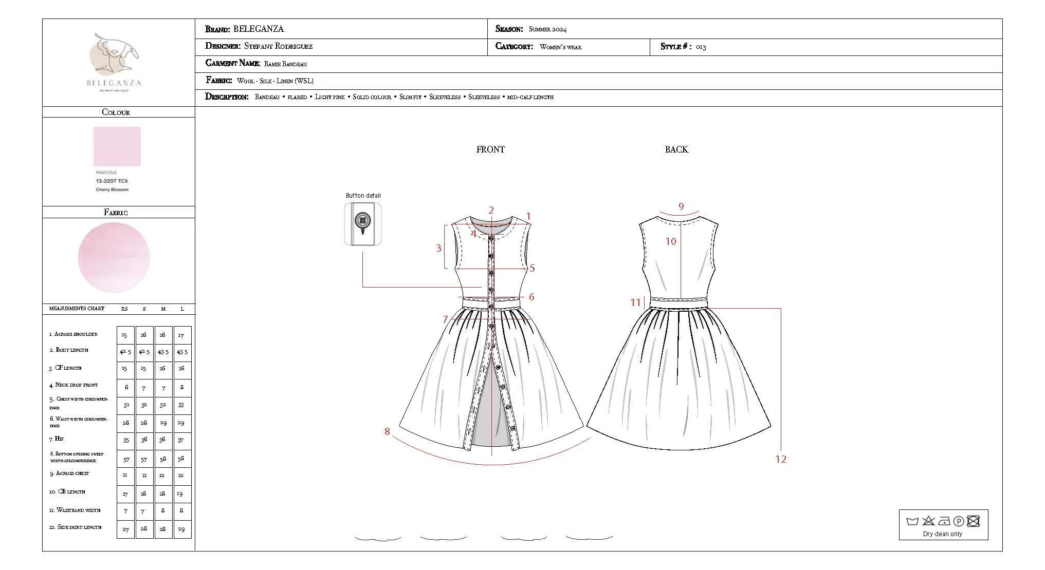 Technical drawing of a women's dress with front and back views, including detailed measurements and annotations, on a design sheet from the brand Beleganza.