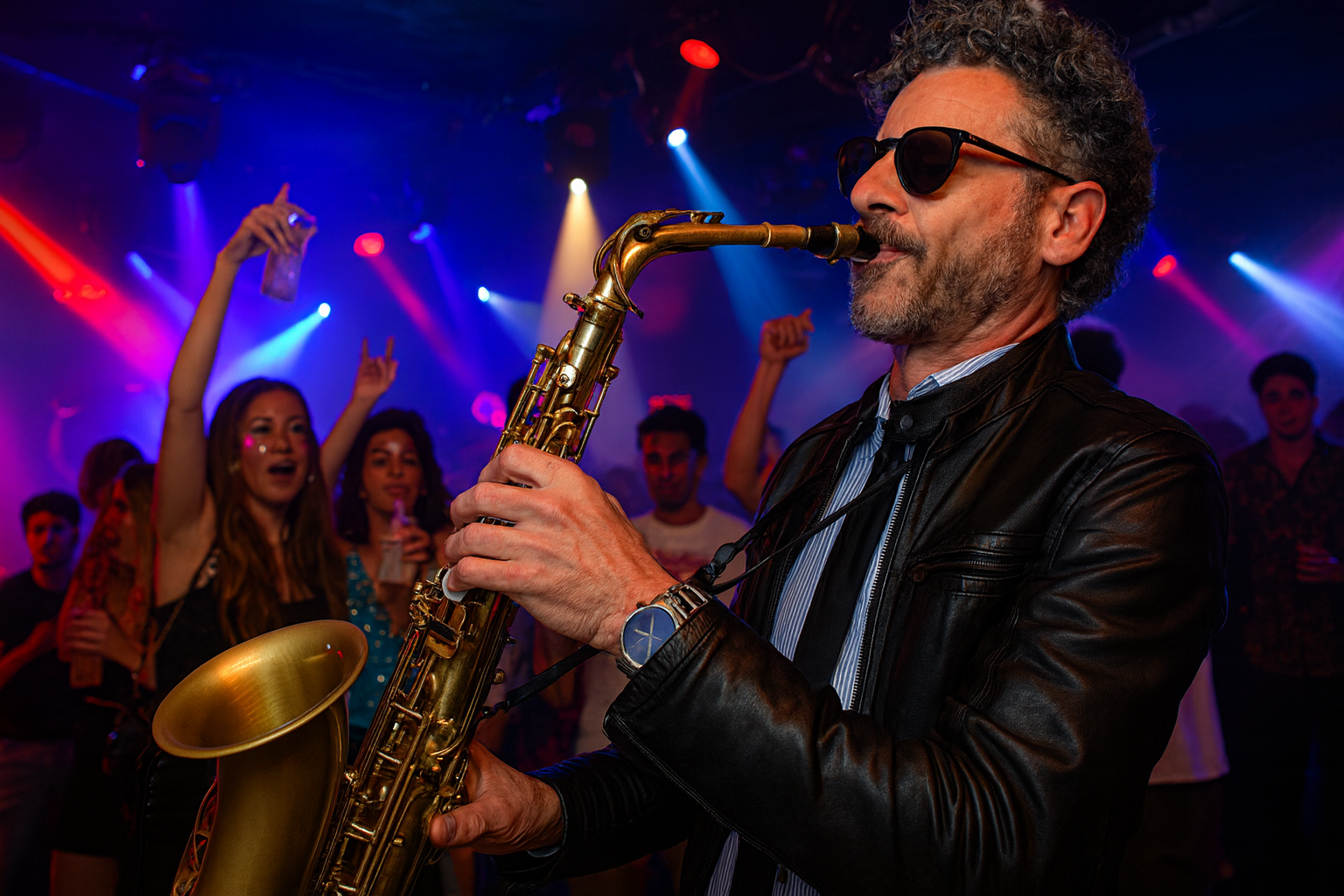 Man playing saxophone at a party with colorful lights and people dancing in the background.