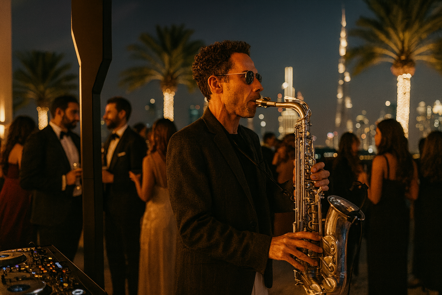 Man with sunglasses playing saxophone at a nighttime outdoor party, with palm trees and city skyline in the background.