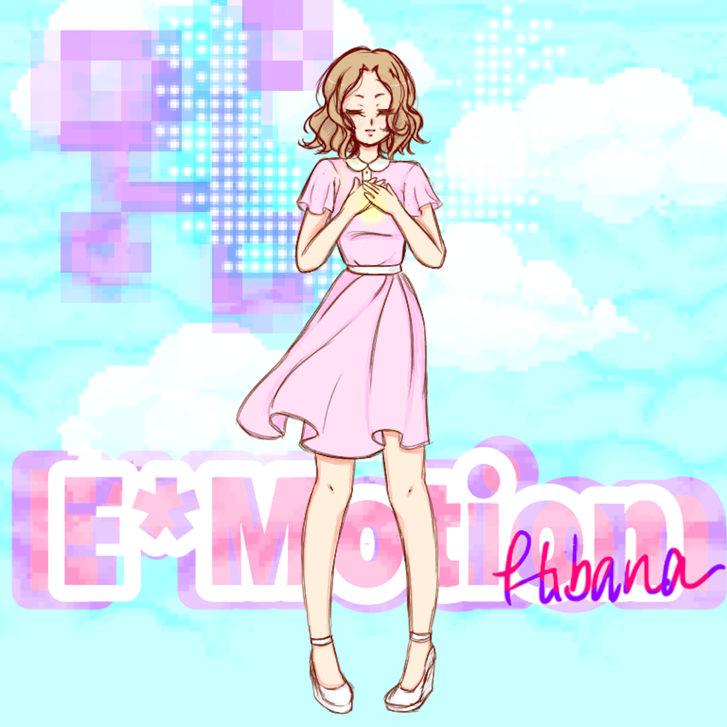 Anime-style illustration of a young woman in a pink dress with her hands over her heart, standing against a sky with clouds and digital graphics. The background features pixelated elements and the words 'EMOTION' and 'fabana' in stylized text.