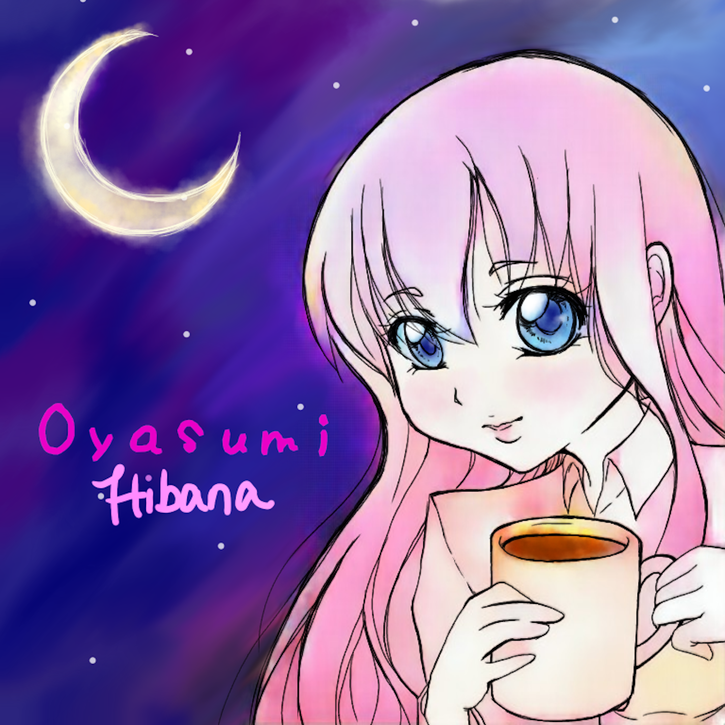 Anime-style girl with pink hair and large blue eyes holding a cup of coffee against a night sky with a crescent moon and stars, with the text 'Oyasumi Hibana' in pink and blue.