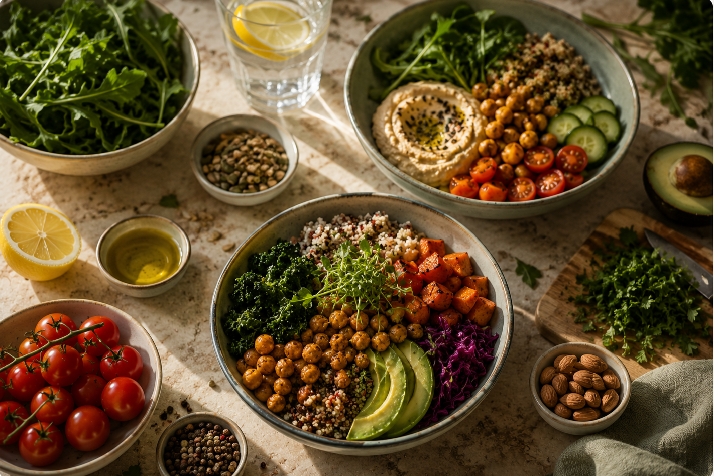 Bowls of colorful salads with vegetables, grains, chickpeas, sliced avocado, cherry tomatoes, and greens on a rustic table with lemon, olive oil, nuts, and herbs. Assisting mental health and wellbeing