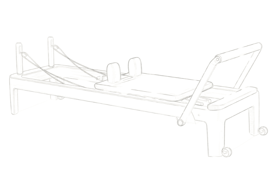 Line drawing of a Pilates Reformer.