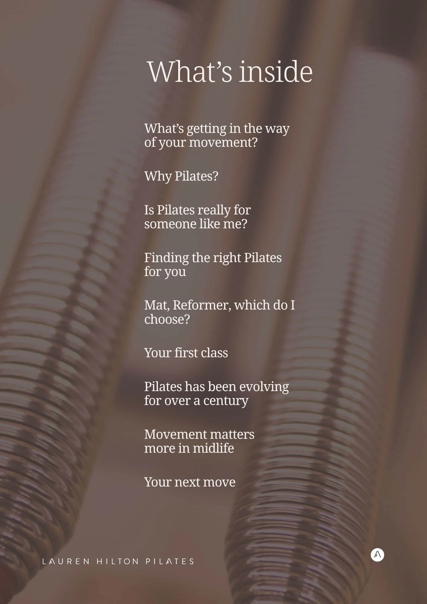 Demo page of the free ebook by Lauren Hilton Pilates -  'What's inside' - available to download