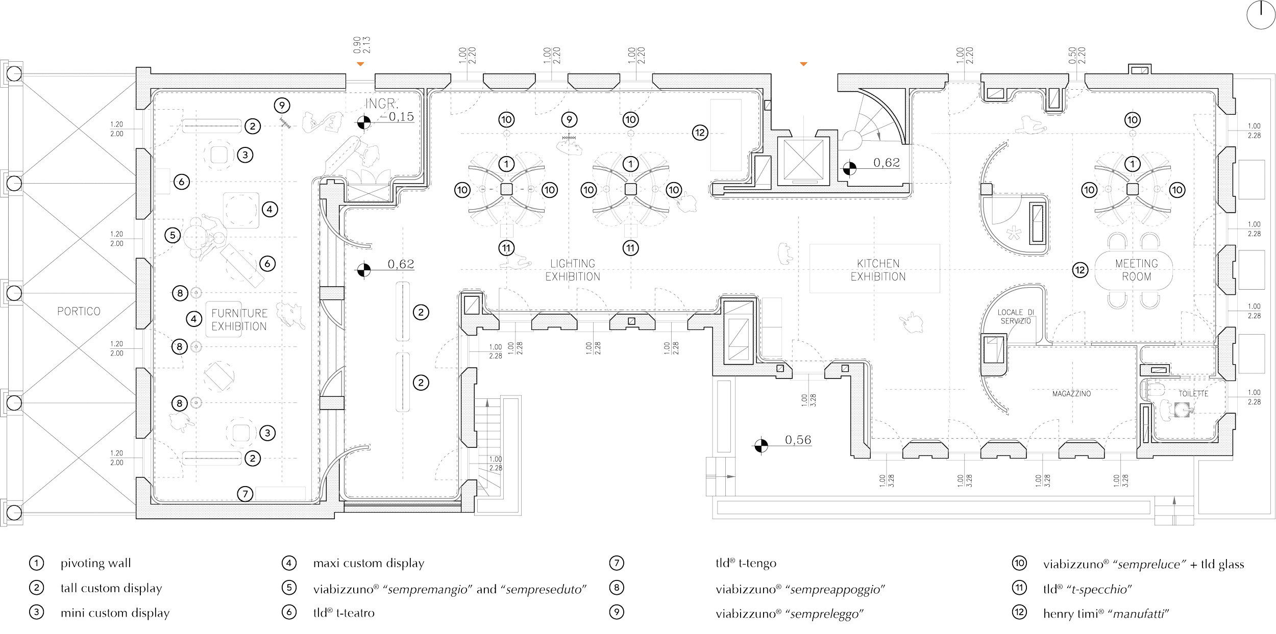 Architectural floor plan with labeled sections including furniture exhibition, kitchen exhibition, and meeting room, featuring various display types and structural elements. Includes some numerical measurements.