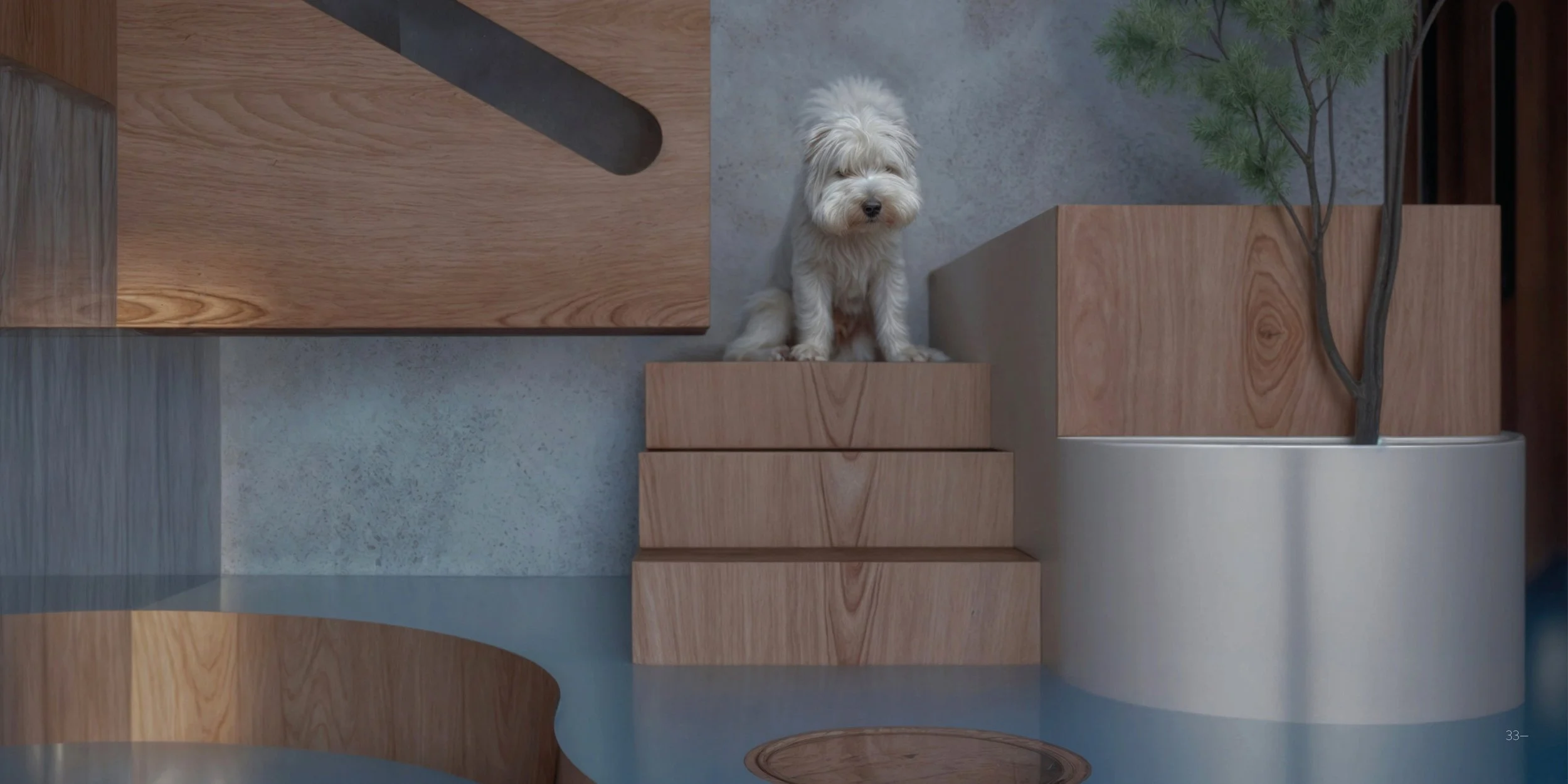 White fluffy dog sitting on wooden steps in a modern room with tree and water feature.