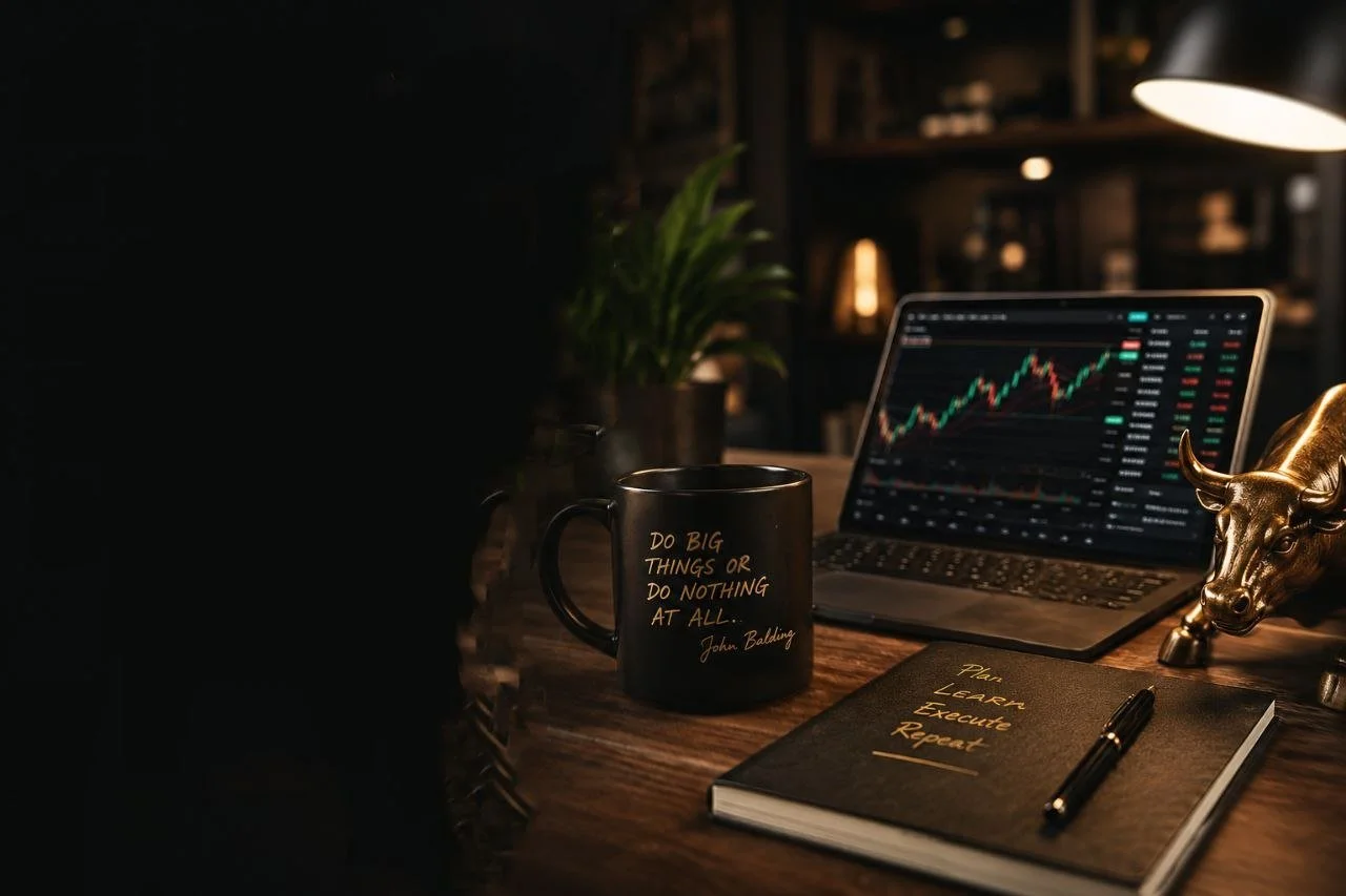 A workspace with a black mug that has a motivational quote, a laptop displaying a financial chart, a notebook with a pen, a decorative bull's head, and a potted plant in a dimly lit room.
