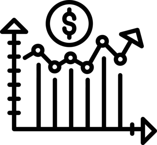 A line graph with ascending trend, a dollar sign in a circle, and upward arrows indicating financial growth.