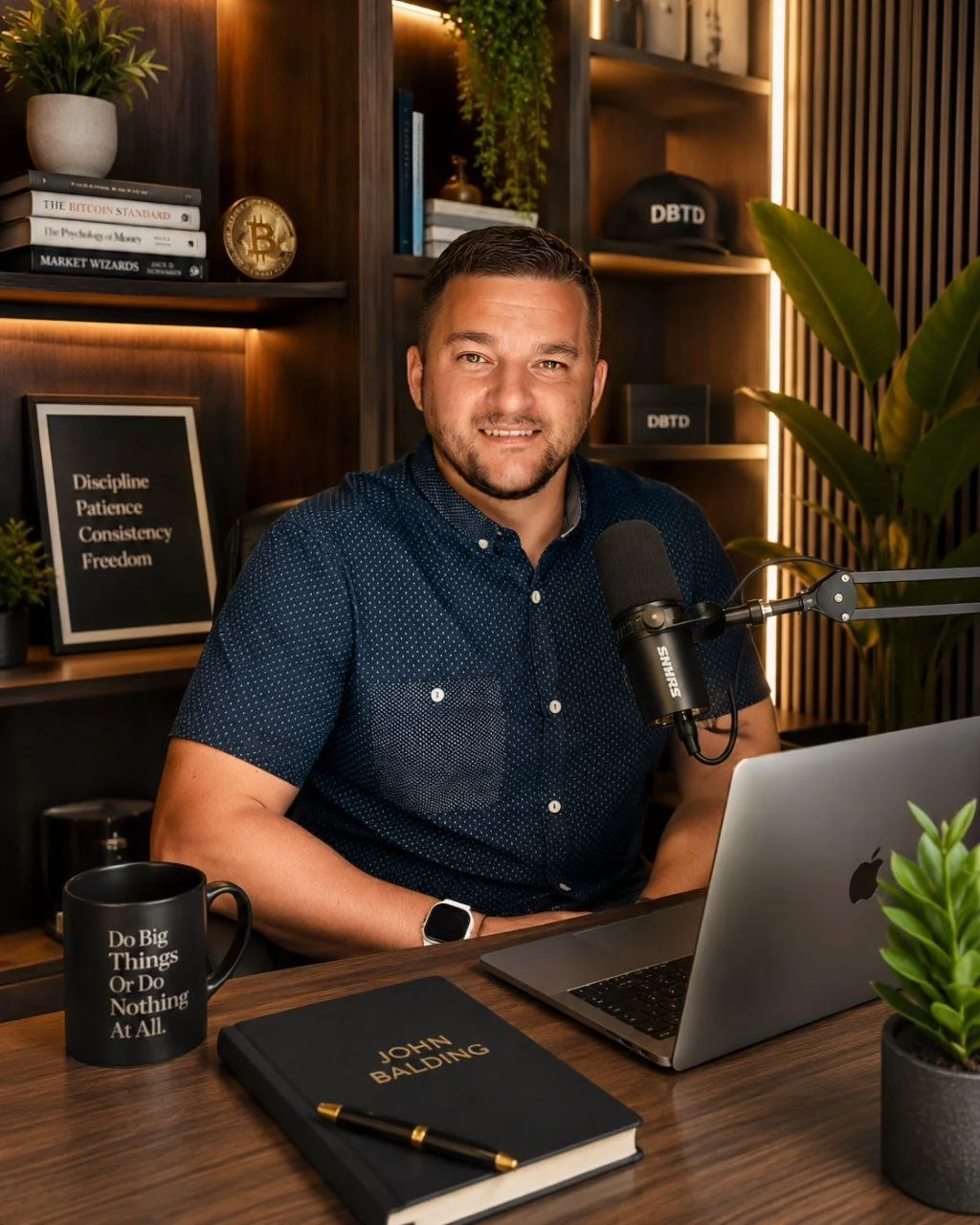 A man smiling at a desk with a microphone, a laptop, a black mug with the text 'Do Big Things Or Do Nothing At All,' a notebook, and a potted plant. Behind him are wooden shelves with books, a Bitcoin coin, a framed quote, and a cap with 'DBTD' written on it.
