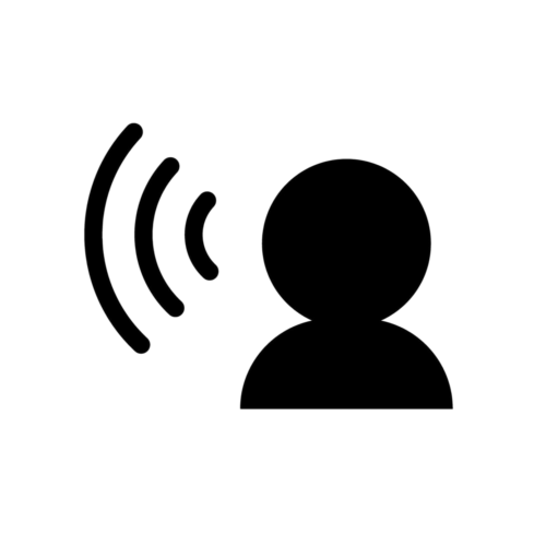 Icon of a person speaking or calling, with sound waves emanating from their mouth.