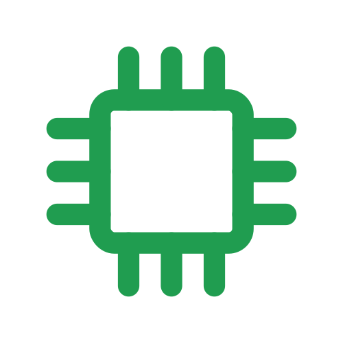 Green microchip icon on black background.