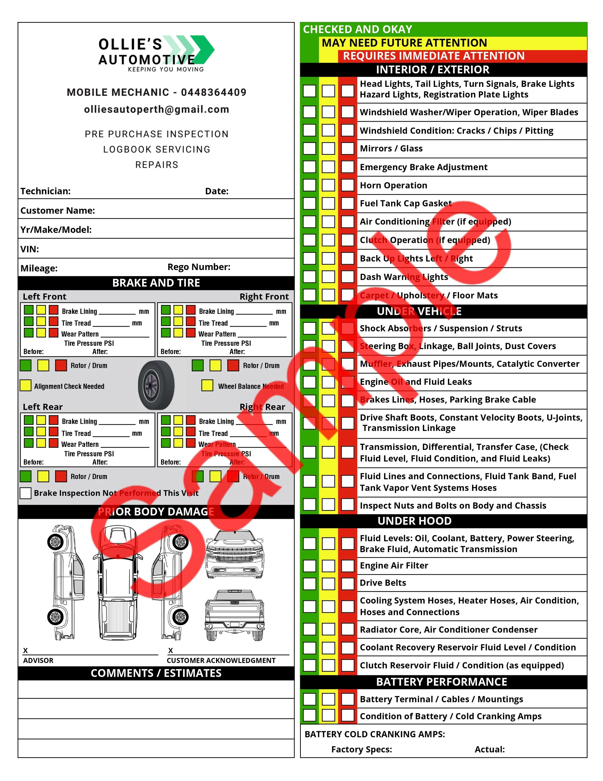 Vehicle maintenance checklist form with sections for interior and exterior inspection, brake and tire check, prior body damage, under vehicle, under hood, battery performance, and comments. It includes visual icons of cars and checkboxes for inspection status.