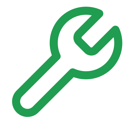 Green outline of a wrench with an open-end at the top and a handle at the bottom.