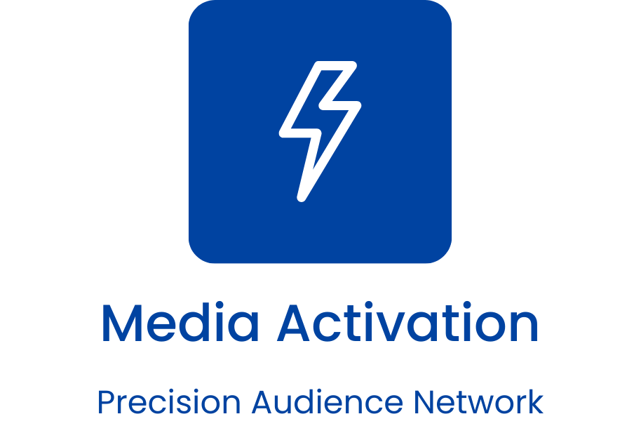 Blue icon for Media Activation, featuring a white lightning bolt inside a blue square, with the text 'Media Activation' and 'Precision Audience Network' below.