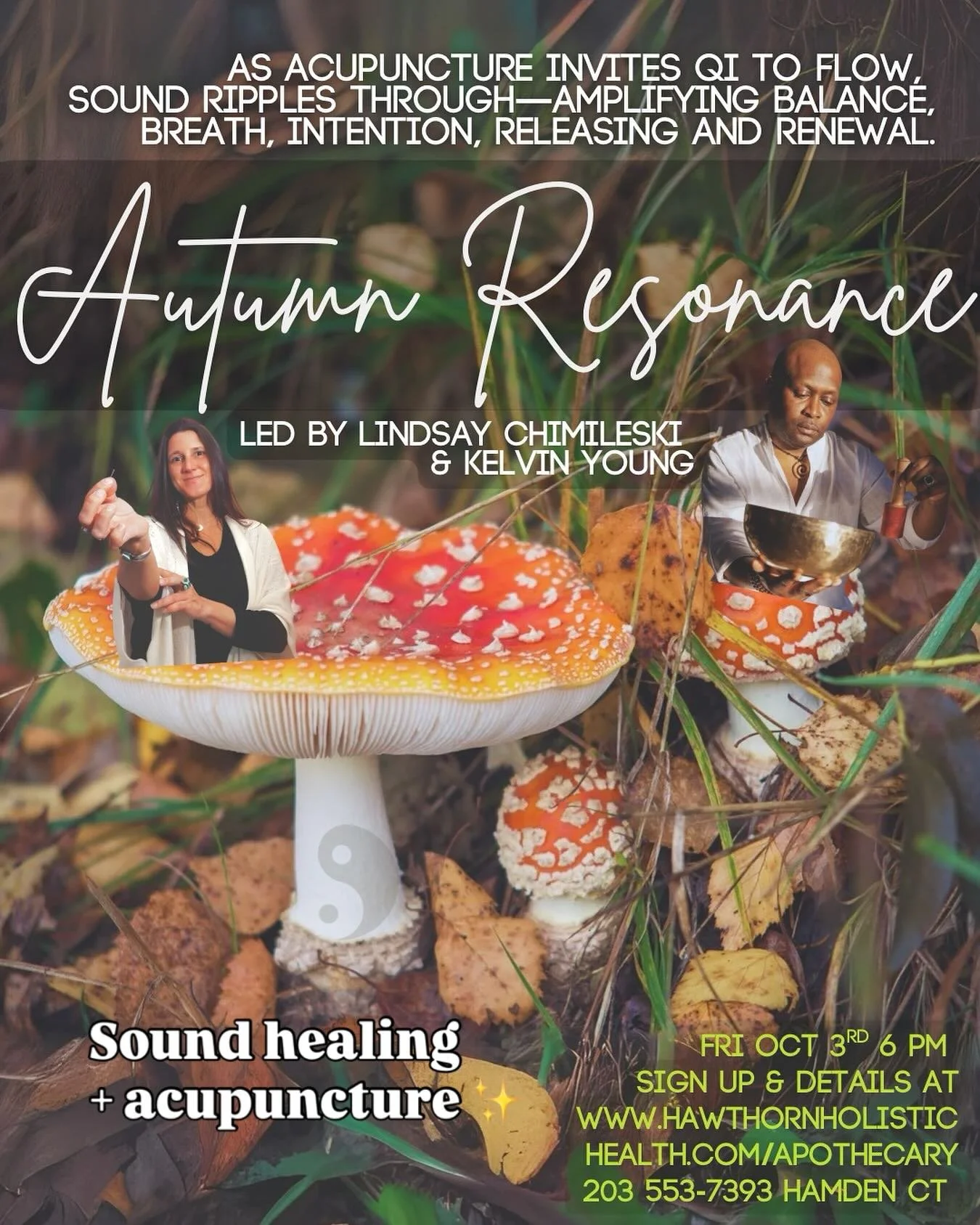 You can feel it all around you, the fall energy shifts are upon us 🍄🍁🍂🥣✨ our sound bath and balancing acu event on Friday Oct 3rd aims to ease this time of transition. 
Kelvins leads you through a magical portal of sounds, calming and healing th