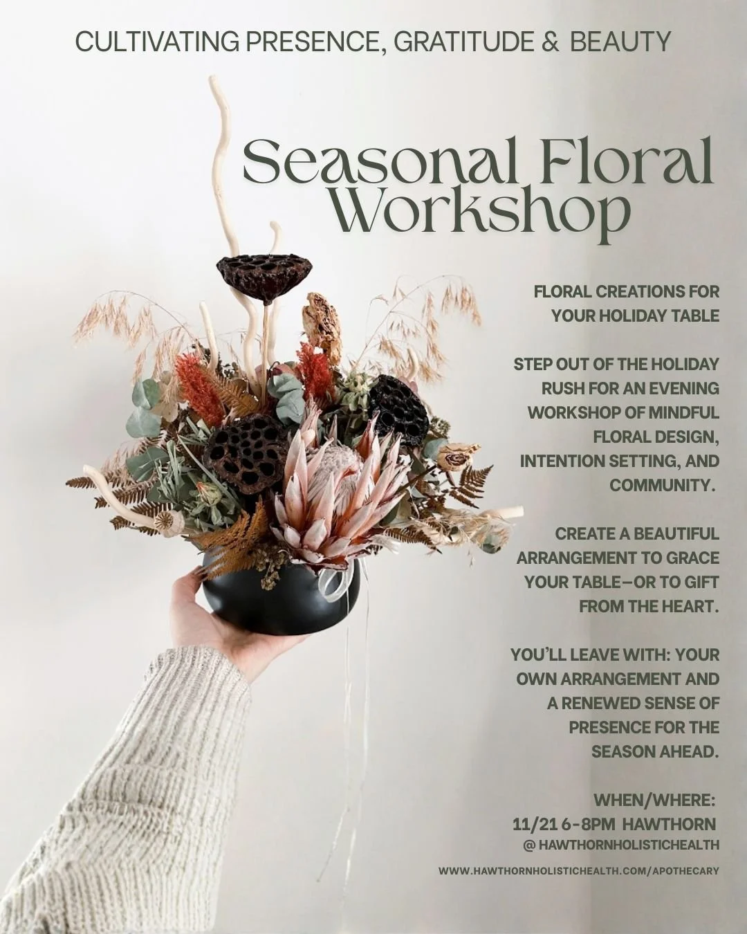đž Seasonal Floral Workshop: Cultivating Presence, Gratitude & Beauty 
Step out of the holiday rush and join us for an evening of mindful floral design at Hawthorn Holistic Health, led by Amy & Stef of Dive Collective and Moonlight Florals.